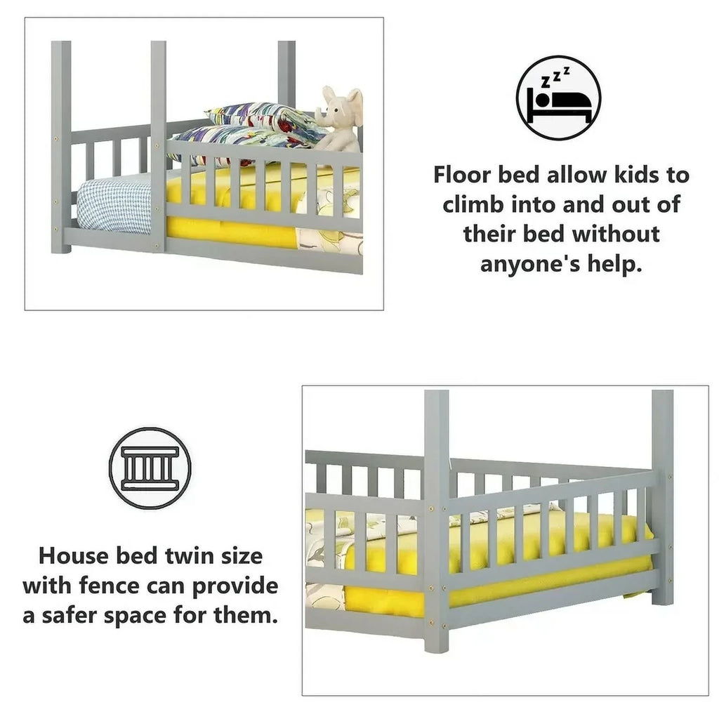 2026 New Full Size House Floor Bed, Wood Montessori Bed Frame with Fence Guardrails, House Beds Frame No Box Spring Needed-Full, Gray)