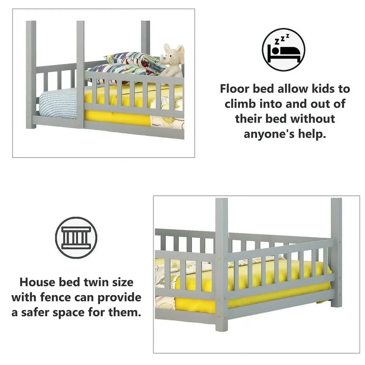 2026 New Full Size House Floor Bed, Wood Montessori Bed Frame with Fence Guardrails, House Beds Frame No Box Spring Needed-Full, Gray)