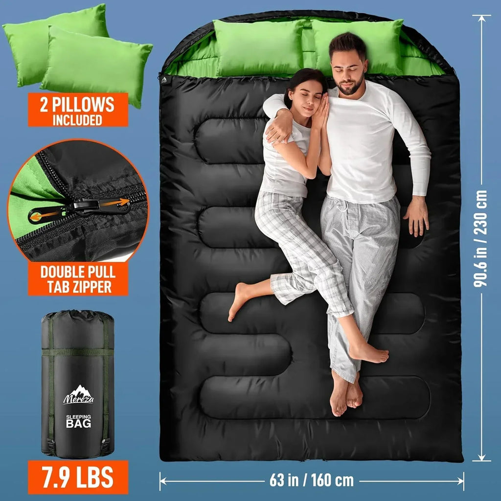 2026 NewDouble Sleeping Bag for Adults Mens with Pillow, XL Queen Size Two Person Sleeping Bag for All Season Camping Hiking Backpacking 2 Person Sleeping Bags for Cold Weather & Warm