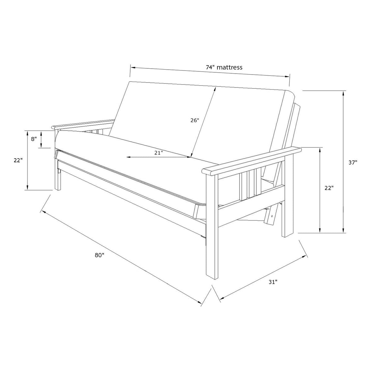 Full Size Futon Frame with Mattress - Hardwood Sofa Bed Convertible 79"