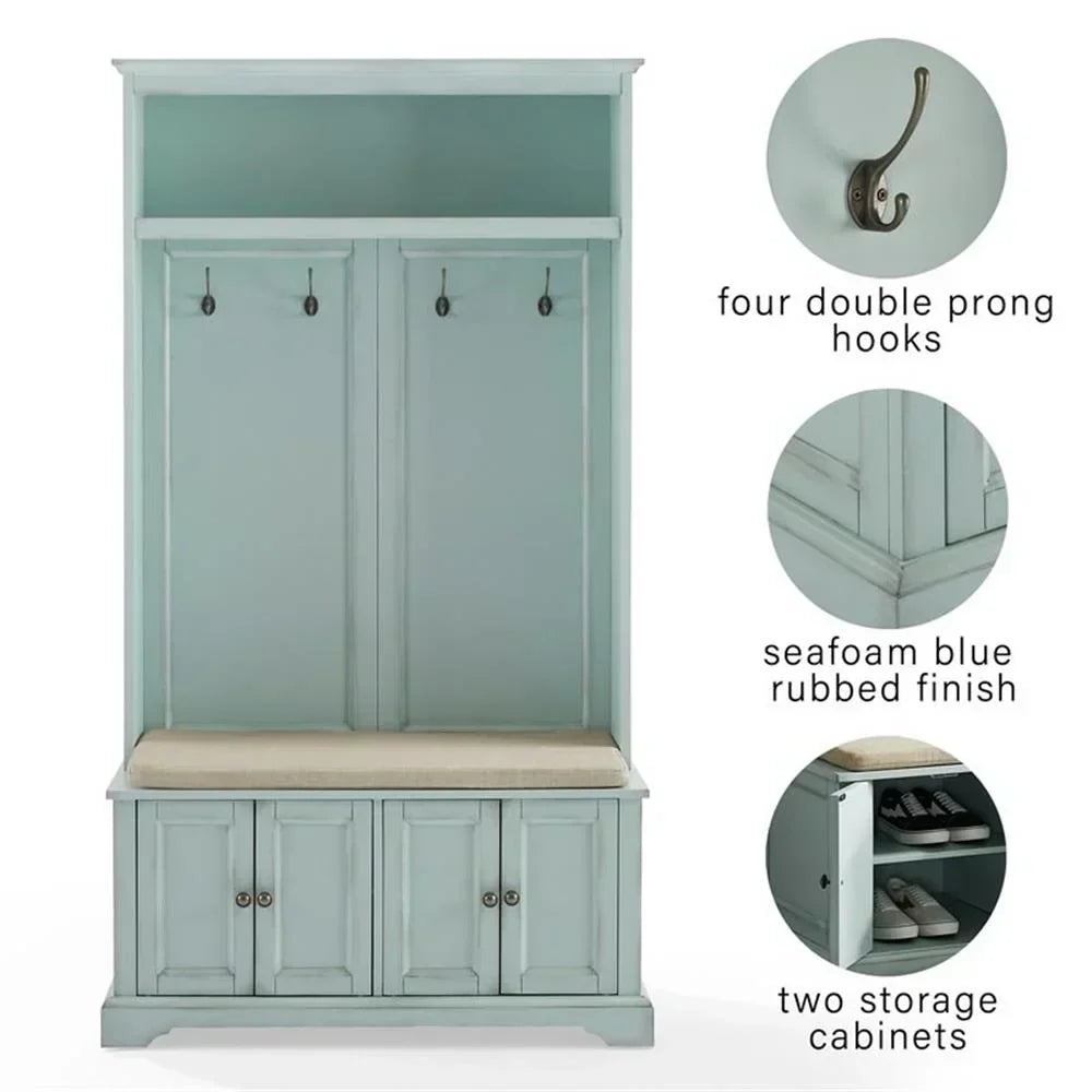 2026 NewBowery Hill Traditional Wood Hall Tree in Seafoam Blue/Oatmeal
