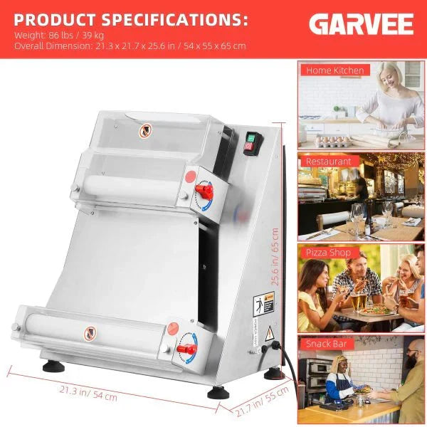 Commercial Pizza Dough Roller Sheeter, Max 16, Automatic 370W Electric Pizza Dough Roller, Stainless Steel, Suitable for Noodle, Pizza Bread and Pasta Maker Equipment