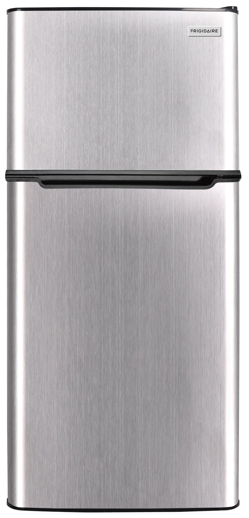 Frigidaire 4.5 cu ft 2-Door Compact Refrigerator with Freezer and Chrome trim—space-saving, energy-efficient mini fridge ideal for dorms, offices, and small kitchens.