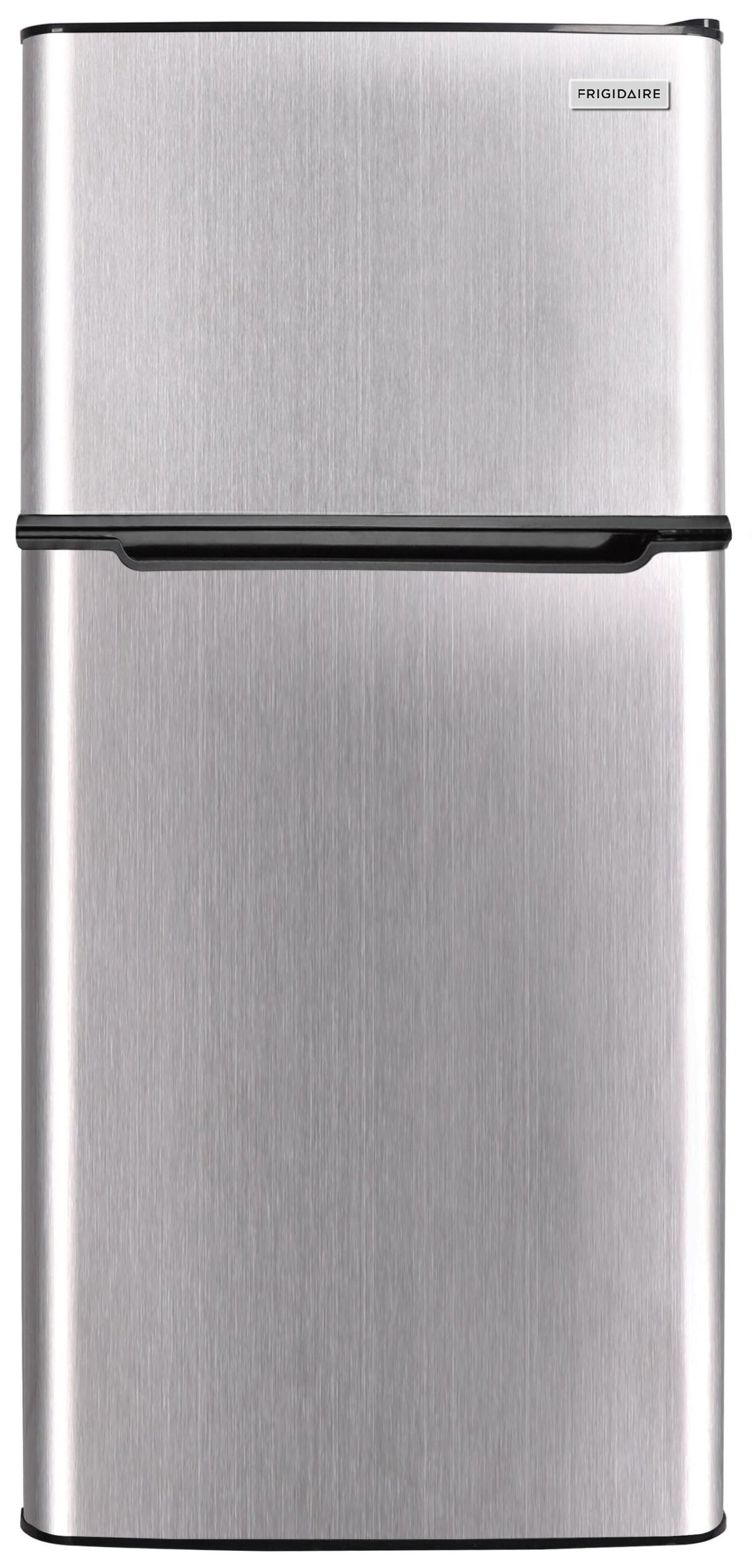 Frigidaire 4.5 cu ft 2-Door Compact Refrigerator with Freezer and Chrome trim—space-saving, energy-efficient mini fridge ideal for dorms, offices, and small kitchens.