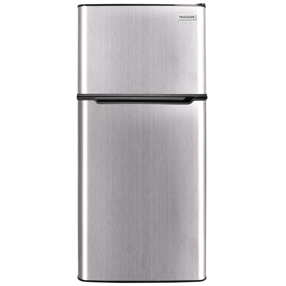 Frigidaire 4.5 cu ft 2-Door Compact Refrigerator with Freezer and Chrome trim—space-saving, energy-efficient mini fridge ideal for dorms, offices, and small kitchens.