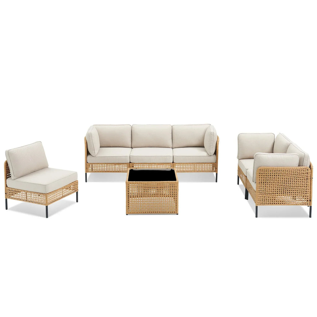 2026 NewPPorfamilia Outdoor Modular Sectional Furniture Set, 7 Piece Natural PE Rattan Sofa Set with 2 Corner Chairs, 4 Middle Chairs, Side Table