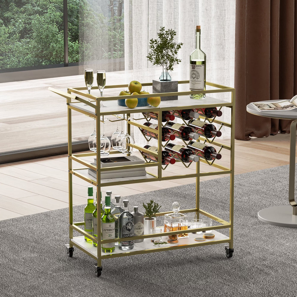 2026 NewWHIFEA 3-Tier Home Bar Cart with Wine Rack, Mobile Serving Wine Cart on Wheels, Modern Rolling Drink Trolley for Coffee Tea Wine