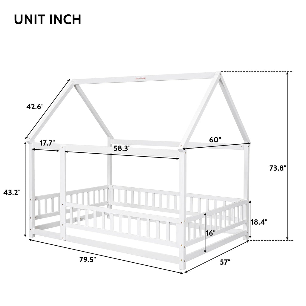 2026 New Full Size House Floor Bed, Wood Montessori Bed Frame with Fence Guardrails, House Beds Frame No Box Spring Needed-Full, Gray)