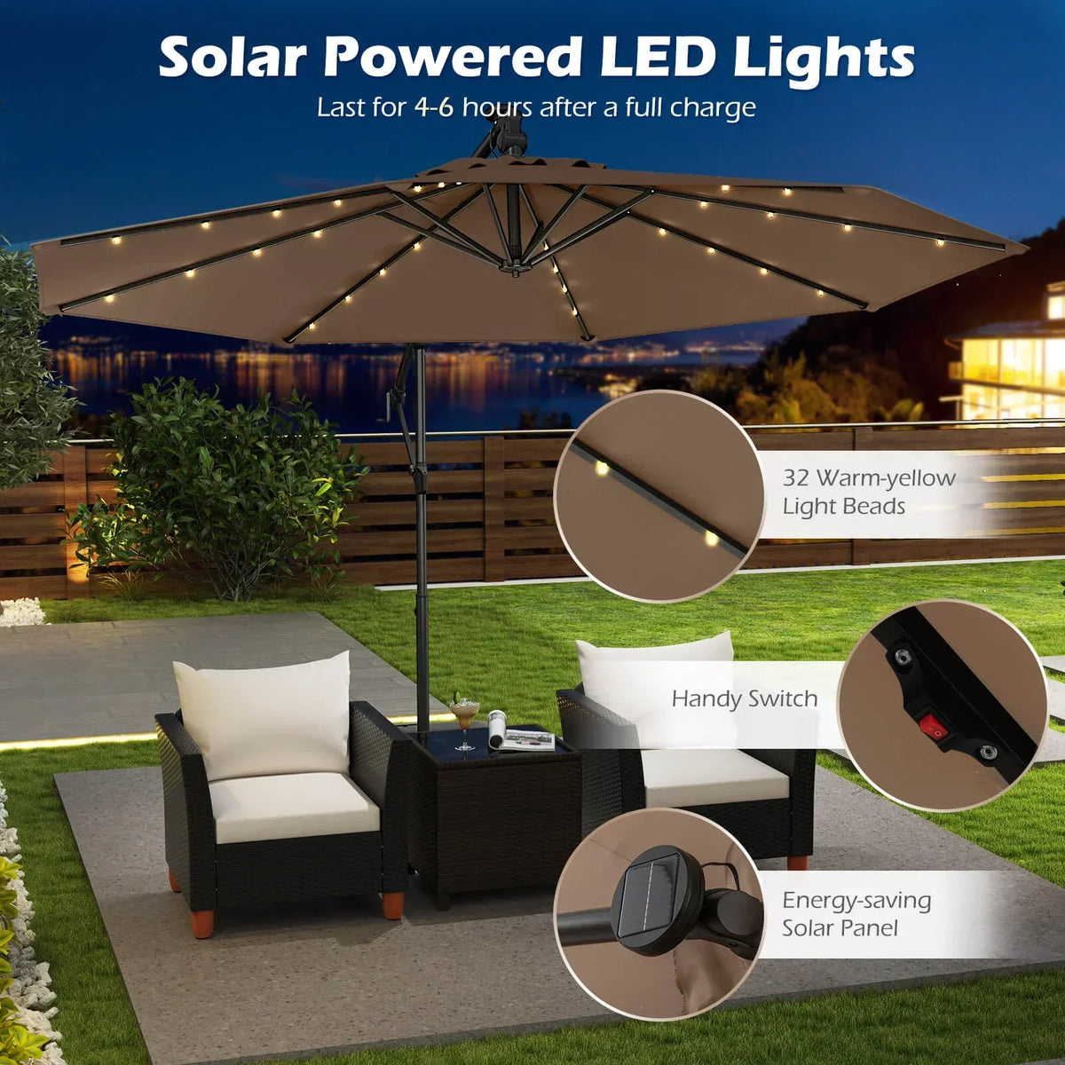2026 NewCostway 10 FT Solar Offset Hanging Umbrella Patio Cantilever Umbrella with 32 LED Lights Brown