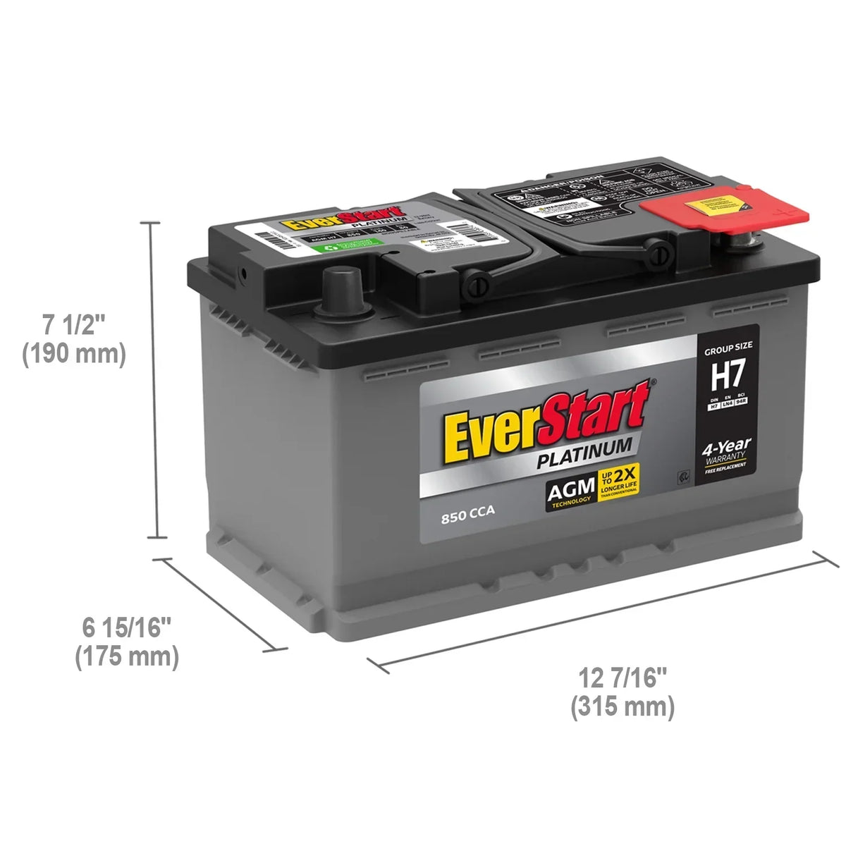 2026 NewEverStart Platinum AGM Automotive Battery, Group Size H7 / LN4 / 94R 12 Volt, 850 CCA
