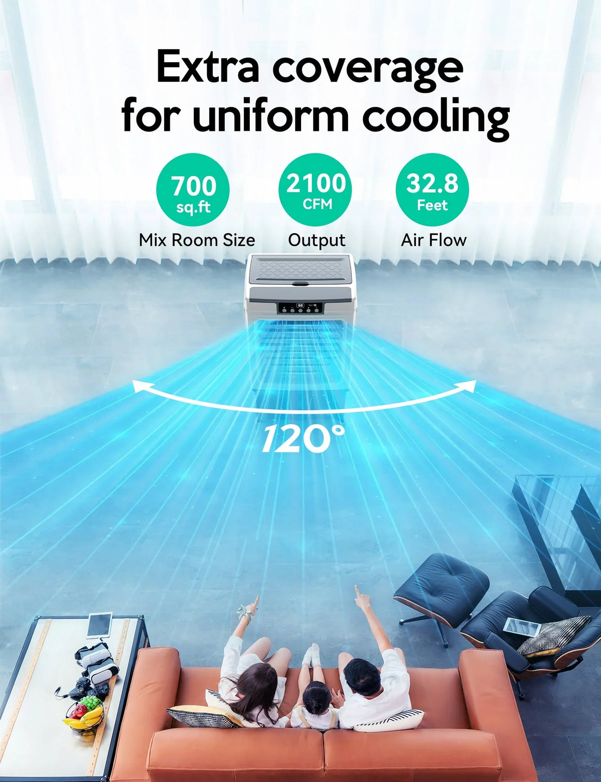 2026 NewEvaporative Cooler, 2100CFM Air Cooler, 120" Oscillation Swamp Cooler with Remote Control, 24H Timer, 3 Wind Speeds for Outdoor Indoor Use, 7.9Gallon
