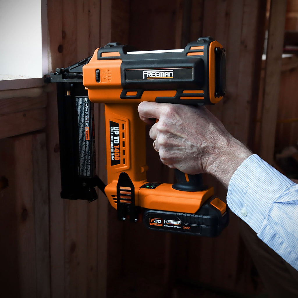 2026 New Freeman PE20V2118G2 20 Volt Cordless 2-in-1 18-Gauge Nailer / Stapler Kit with Lithium Ion Battery, Charger, Bag