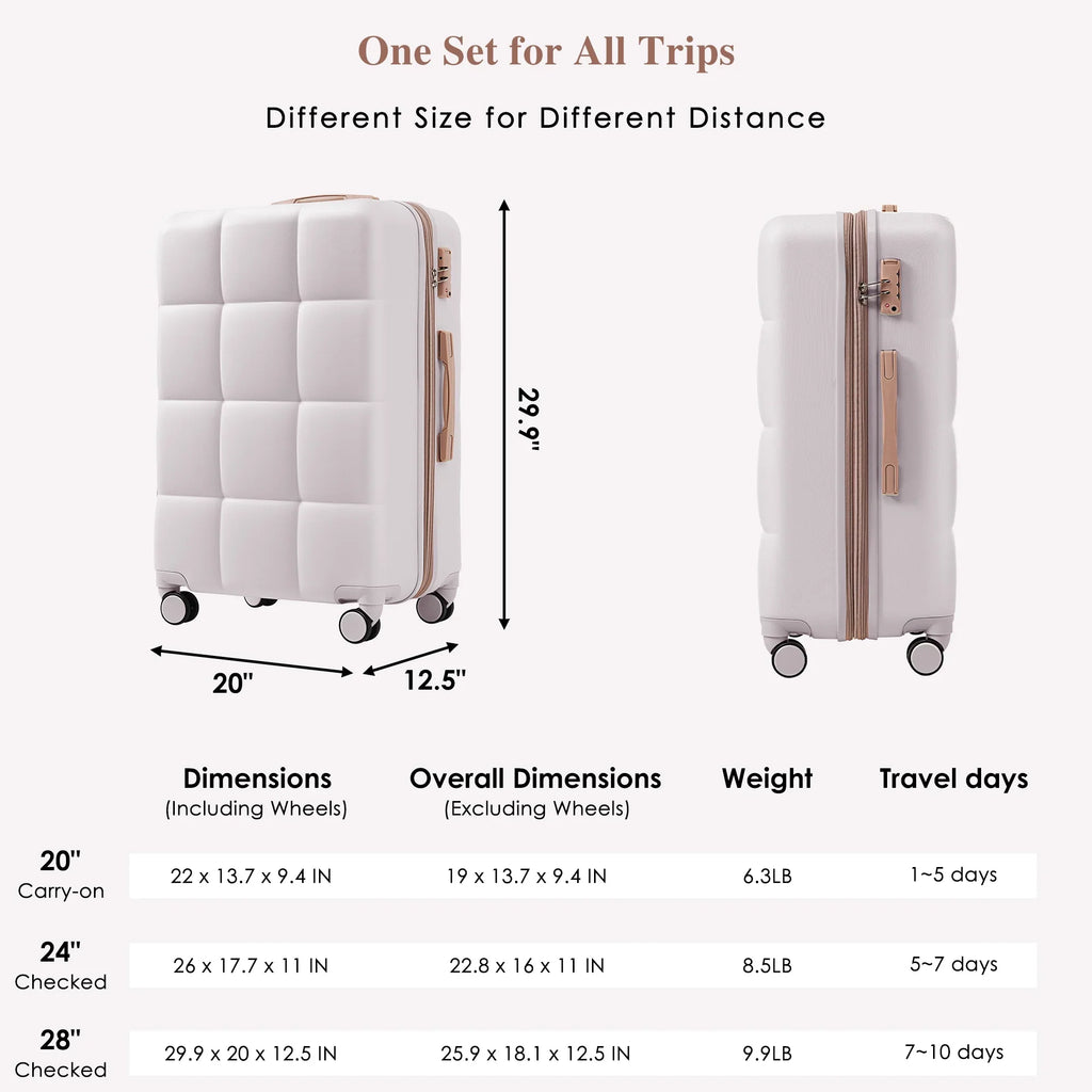 2026 New Luggage Set of 3, 20-inch with USB Port, Airline Certified Carry-on Luggage with Cup Holder, ABS Hard Shell Luggage with Spinner Wheels, white