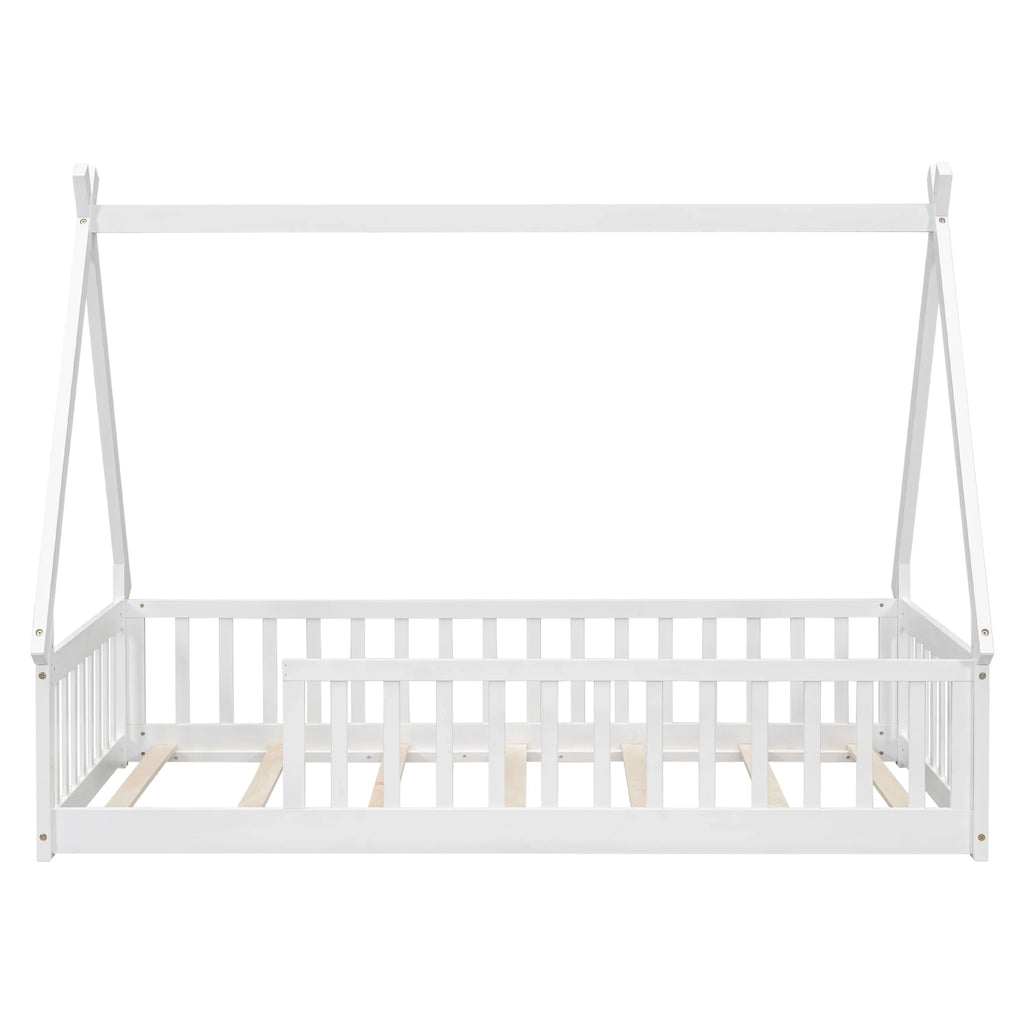 2026 New Full Size House Floor Bed, Wood Montessori Bed Frame with Fence Guardrails, House Beds Frame No Box Spring Needed-Full, Gray)