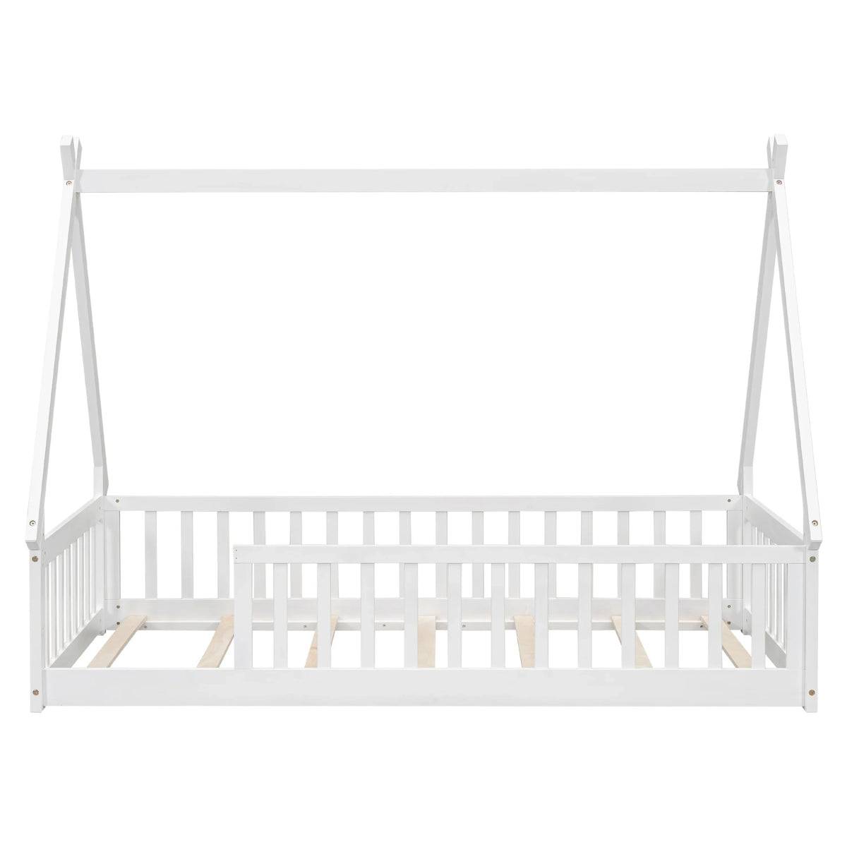 2026 New Full Size House Floor Bed, Wood Montessori Bed Frame with Fence Guardrails, House Beds Frame No Box Spring Needed-Full, Gray)