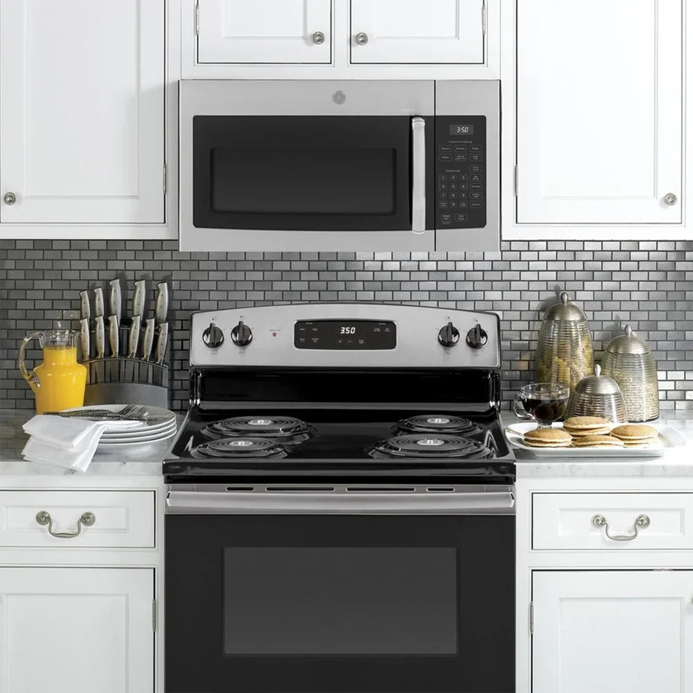 2026 NewGE JVM3160RFSS 1.6 Cu. Ft. Over-the-Range Microwave Oven Stainless Steel Bundle with Deco Chef Pair of Red Heat Resistant Oven Mitt and 3 YR CPS Enhanced Protection Pack