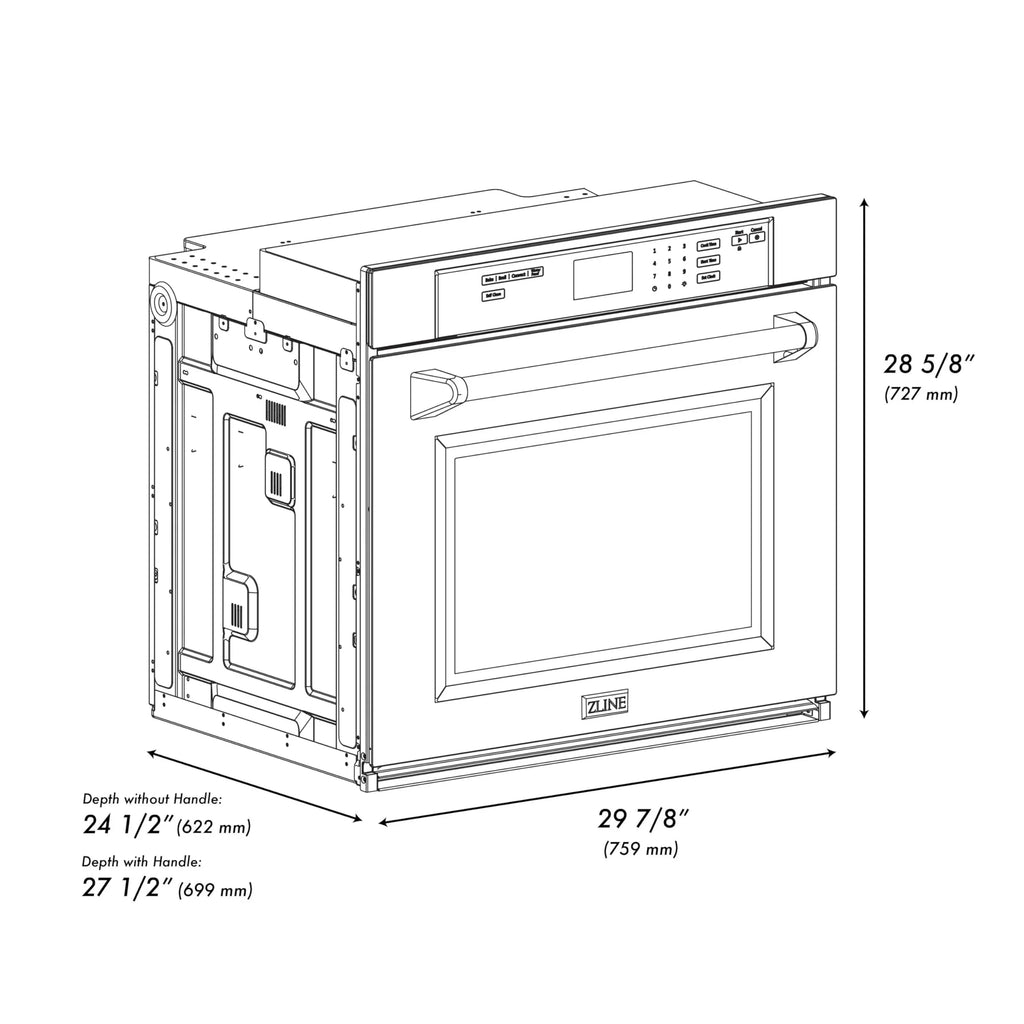 2026 NewZLINE 30" Autograph Single Wall Oven with Air Fry and Self-Clean in DuraSnow?? Stainless Steel and Gold Handle, WASSZ-30-G