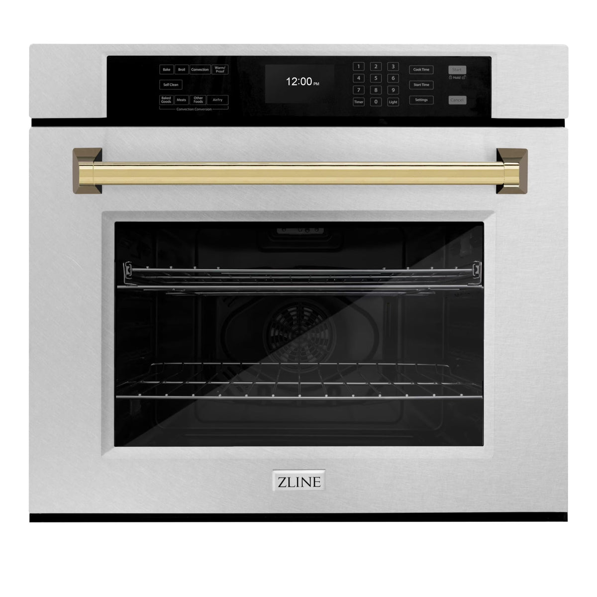 2026 NewZLINE 30" Autograph Single Wall Oven with Air Fry and Self-Clean in DuraSnow?? Stainless Steel and Gold Handle, WASSZ-30-G