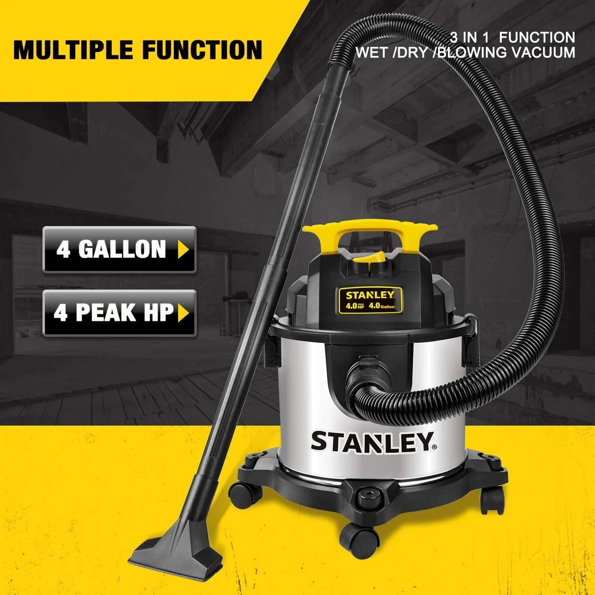 2026 New4 Gallon Wet Dry Vacuum, 4 Peak HP Stainless Steel 3 in 1 Shop Vacuum Blower with Powerful Suction, Vacuum for Job Site, Garage, Basement, Workshop