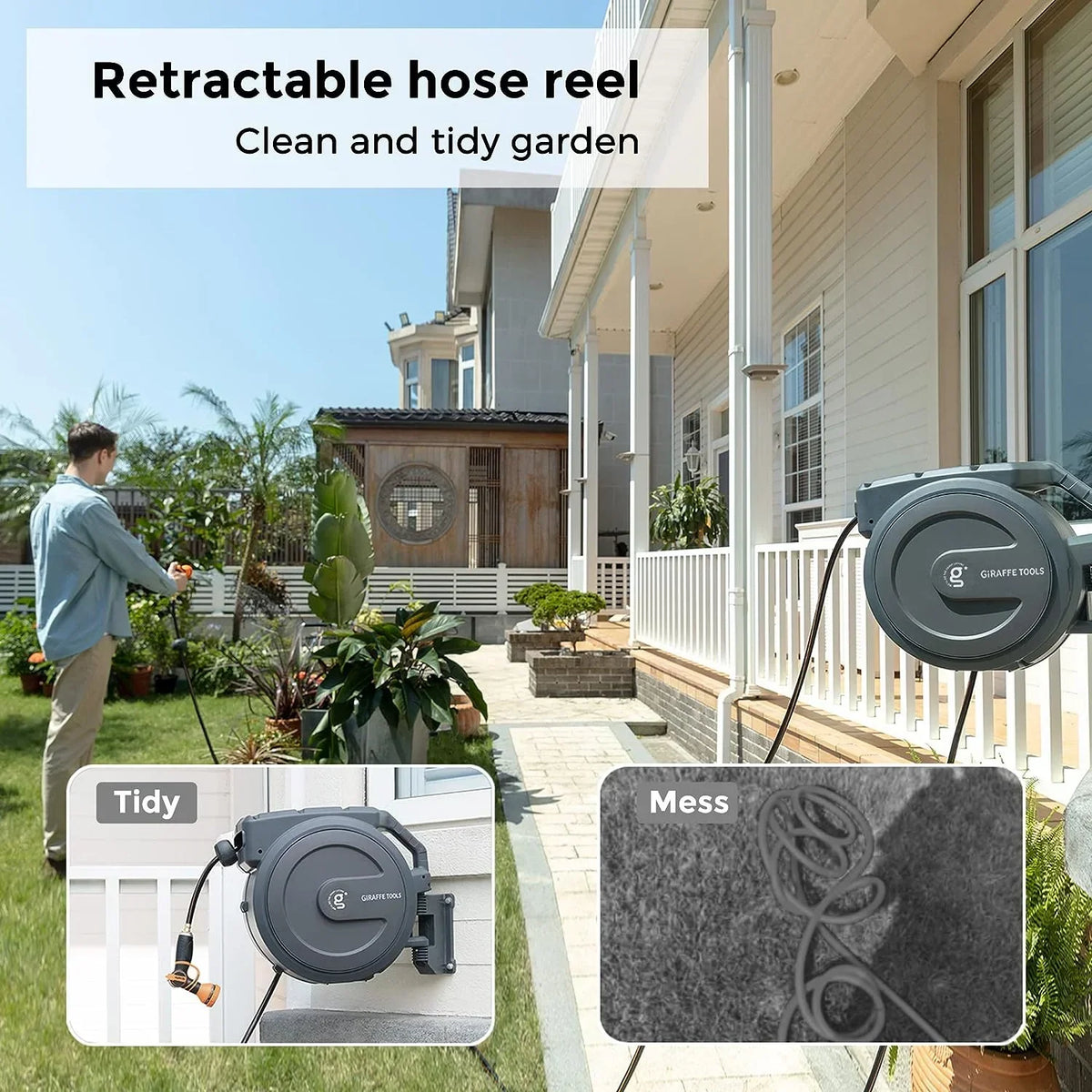 2026 NewGiraffe Tools Retractable Garden Hose Reel with 1/2in-100ft Water Hose, Plastic Bracket, Wall Mounted, Dark Grey