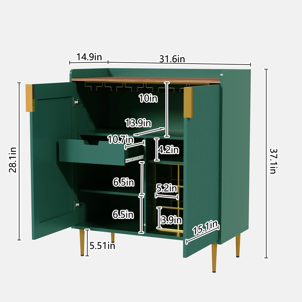 2026 NewCBJCBJ 32" Wine Bar Cabinet with 2 Door Fluted Texture, Modern Coffee Cabinet with Rack&Glass Holder, Black