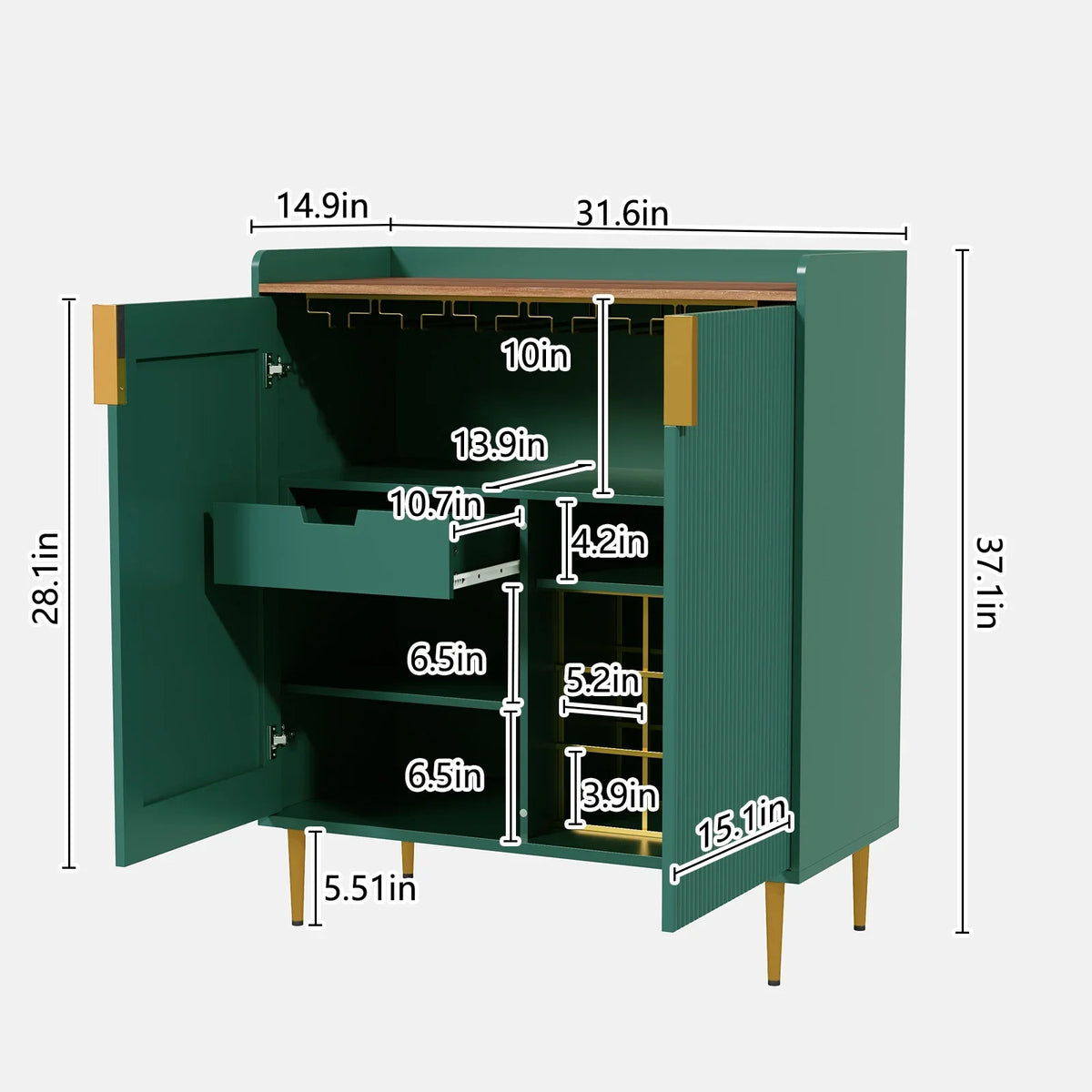 2026 NewCBJCBJ 32" Wine Bar Cabinet with 2 Door Fluted Texture, Modern Coffee Cabinet with Rack&Glass Holder, Black
