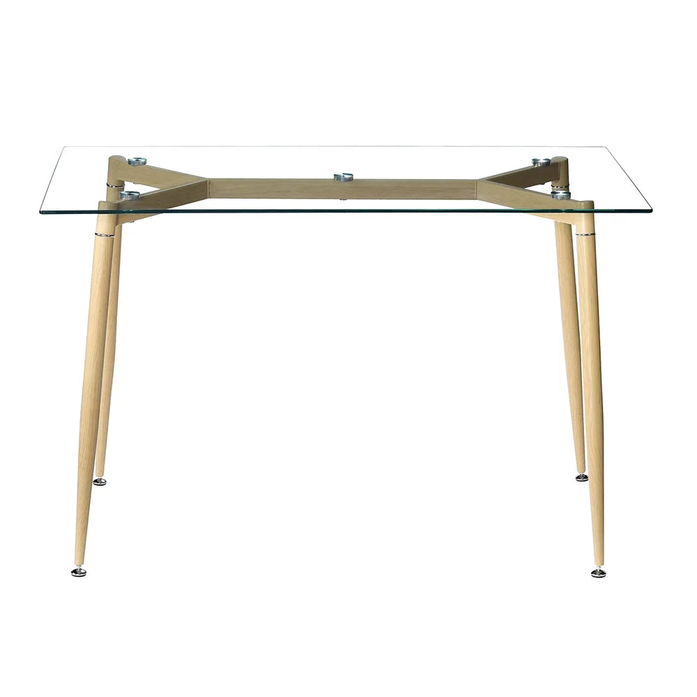 2026 New  Modern Glass Dinner Table, 8MM Black Tempered Glass Sturdy Table Top, Dining Table Iron Tube Legs w/ Wood Pattern, for Home, Kitchens, Dining Rooms