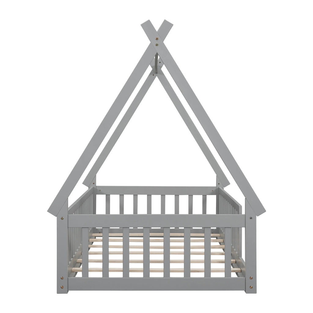2026 New Full Size House Floor Bed, Wood Montessori Bed Frame with Fence Guardrails, House Beds Frame No Box Spring Needed-Full, Gray)