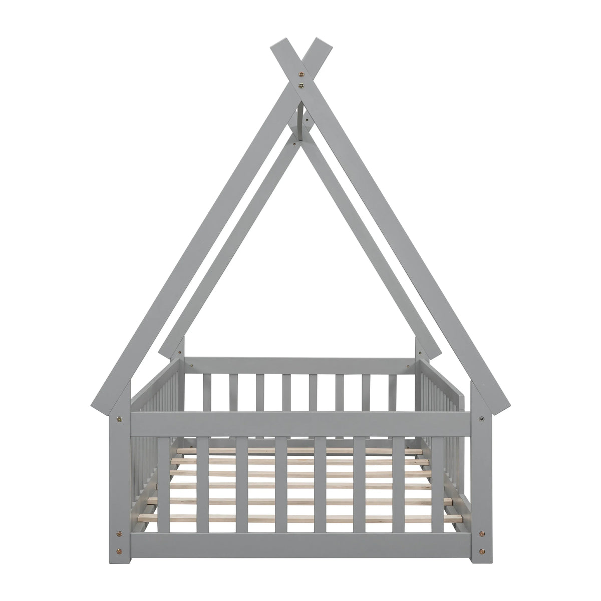 2026 New Full Size House Floor Bed, Wood Montessori Bed Frame with Fence Guardrails, House Beds Frame No Box Spring Needed-Full, Gray)