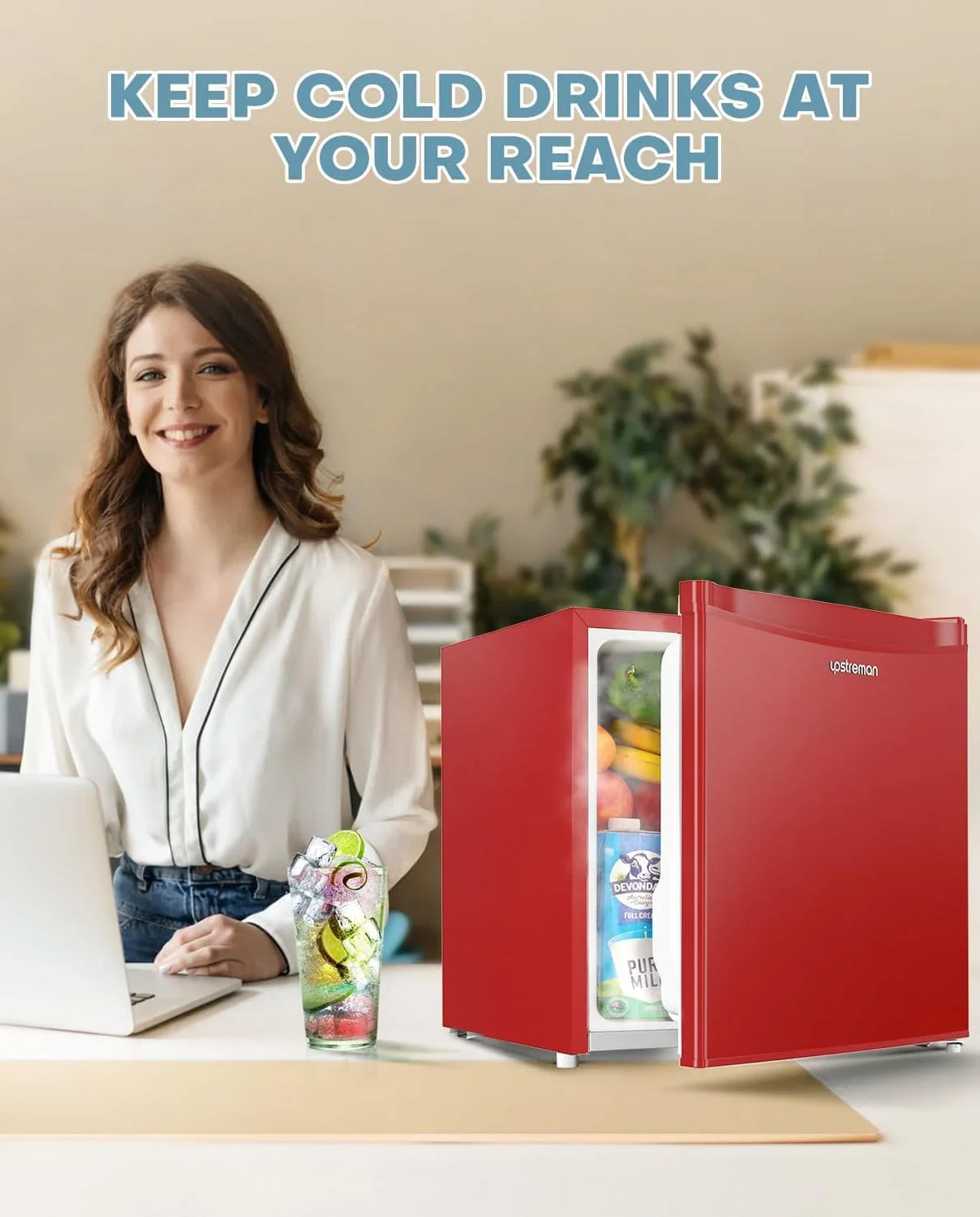2026 NewUpstreman 1.7 Cu.ft Mini Fridge with Freezer, Dorm Essentials, Adjustable Thermostat, Energy Saving, Low Noise, Single Door Compact Refrigerator for Dorm, Office, Bedroom, Red-FR17