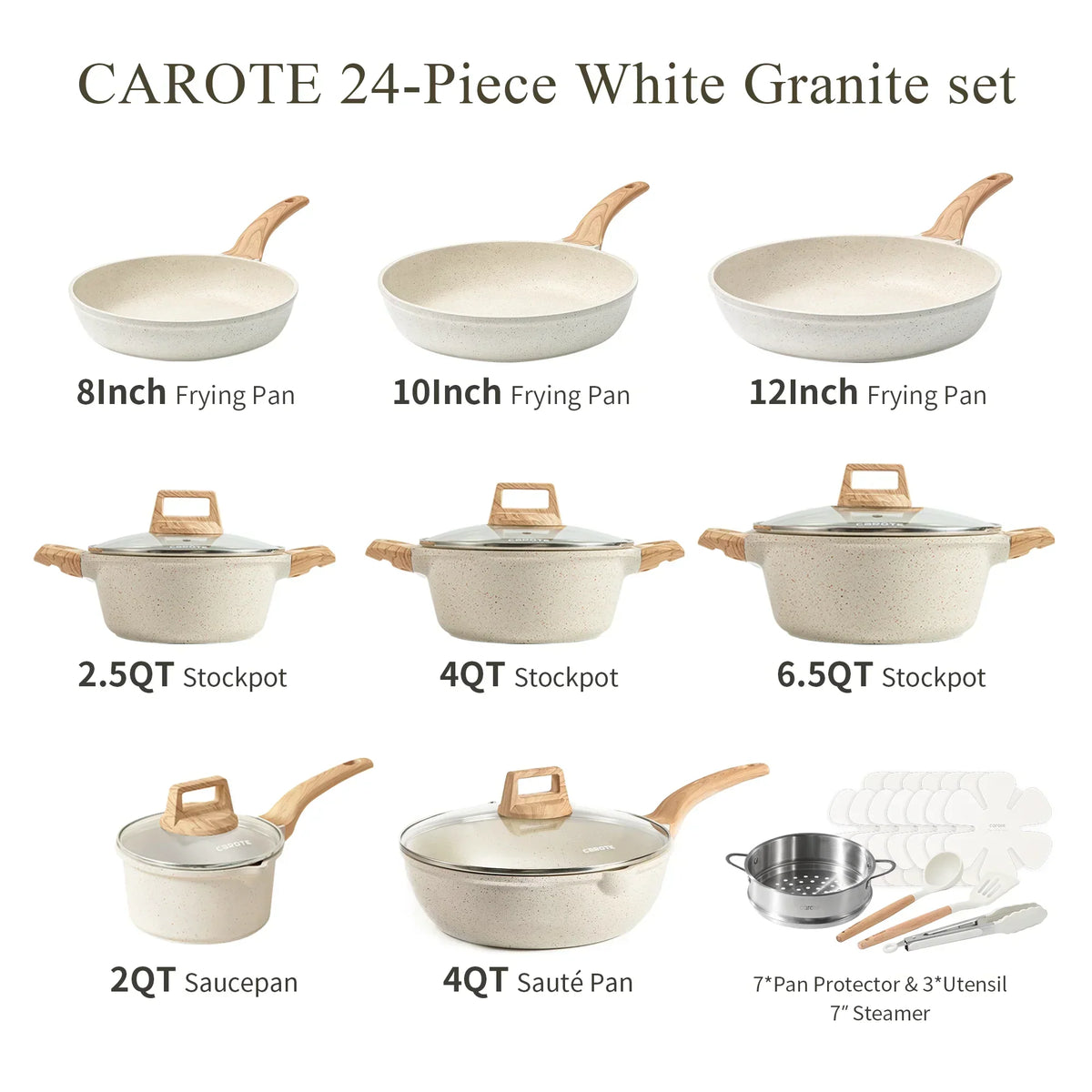 2026 NewCarote Nonstick Cookware Sets, 24 Pcs Granite Non Stick Pots and Pans Set, Induction Cookware, White