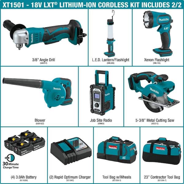 2026 New18V LXT Lithium-ion Cordless 15-Piece Combo Kit with (4) Batteries 3.0Ah, Charger and (2) Bags