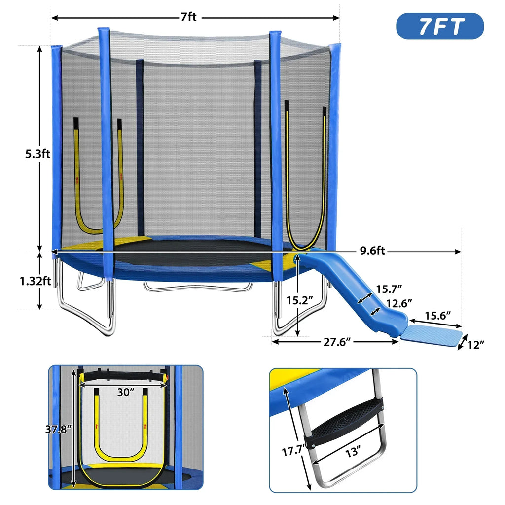 2026 New7FT Trampoline for Kids,Outdoor Recreational Trampoline with Safety Enclosure Net,Blue