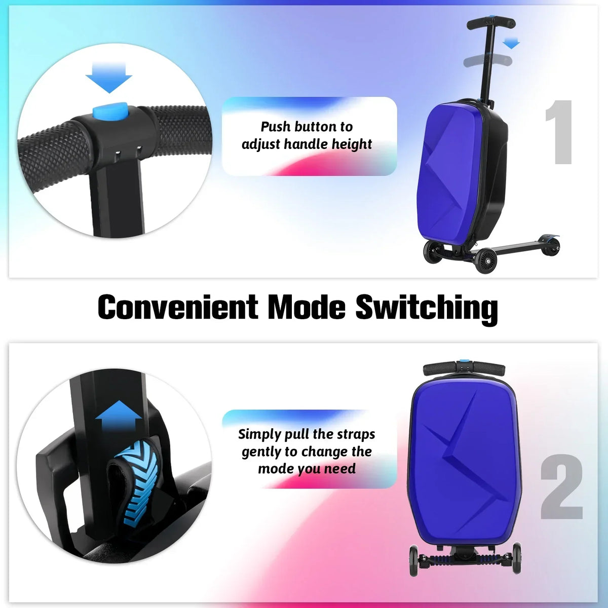 2026 NewAdvwin Scooter Luggage for Kids & Adults, Hardside Ride on Suitcase for Kids Ages 4-15 Multifunctional Lightweight Foldable Carry on Luggage with Wheels Ride on for Children Teenagers, Pink