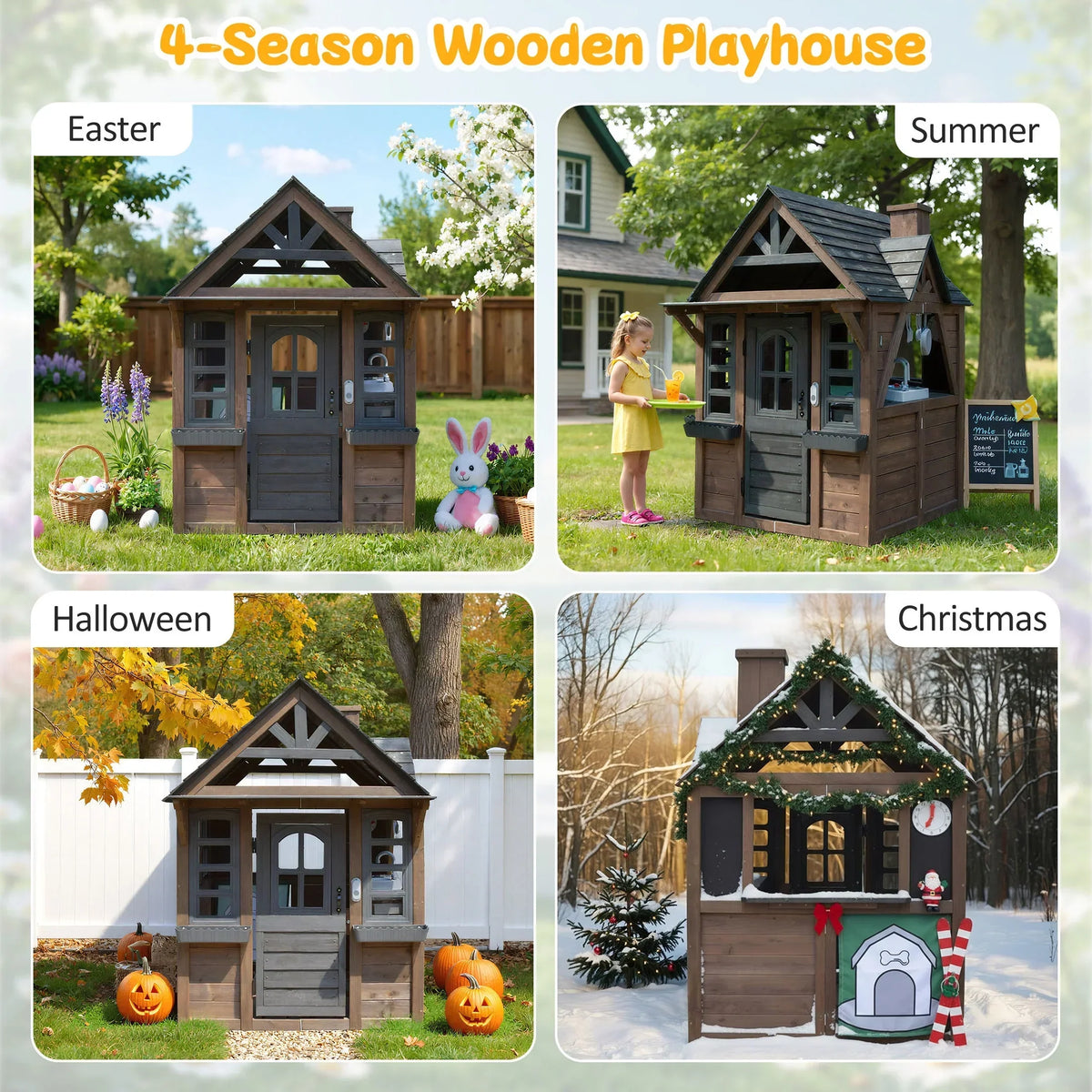 2026 NewCOCLUB Outdoor Playhouse for Kids Ages 4-8, Wooden Play House with Doorbell, Phone, Kitchen Toys, Outdoor Kids Play Equipment, Casa Para Niñas (45”L x 65”H), White & Black