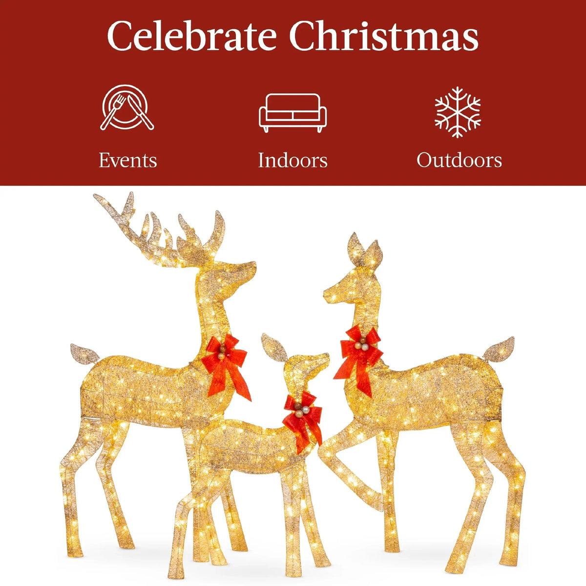 2026 NewBest Choice Products 6.5ft 3-Piece Lighted Christmas Deer Set Outdoor Yard Decoration w/ 385 LED Lights, Stakes - Gold
