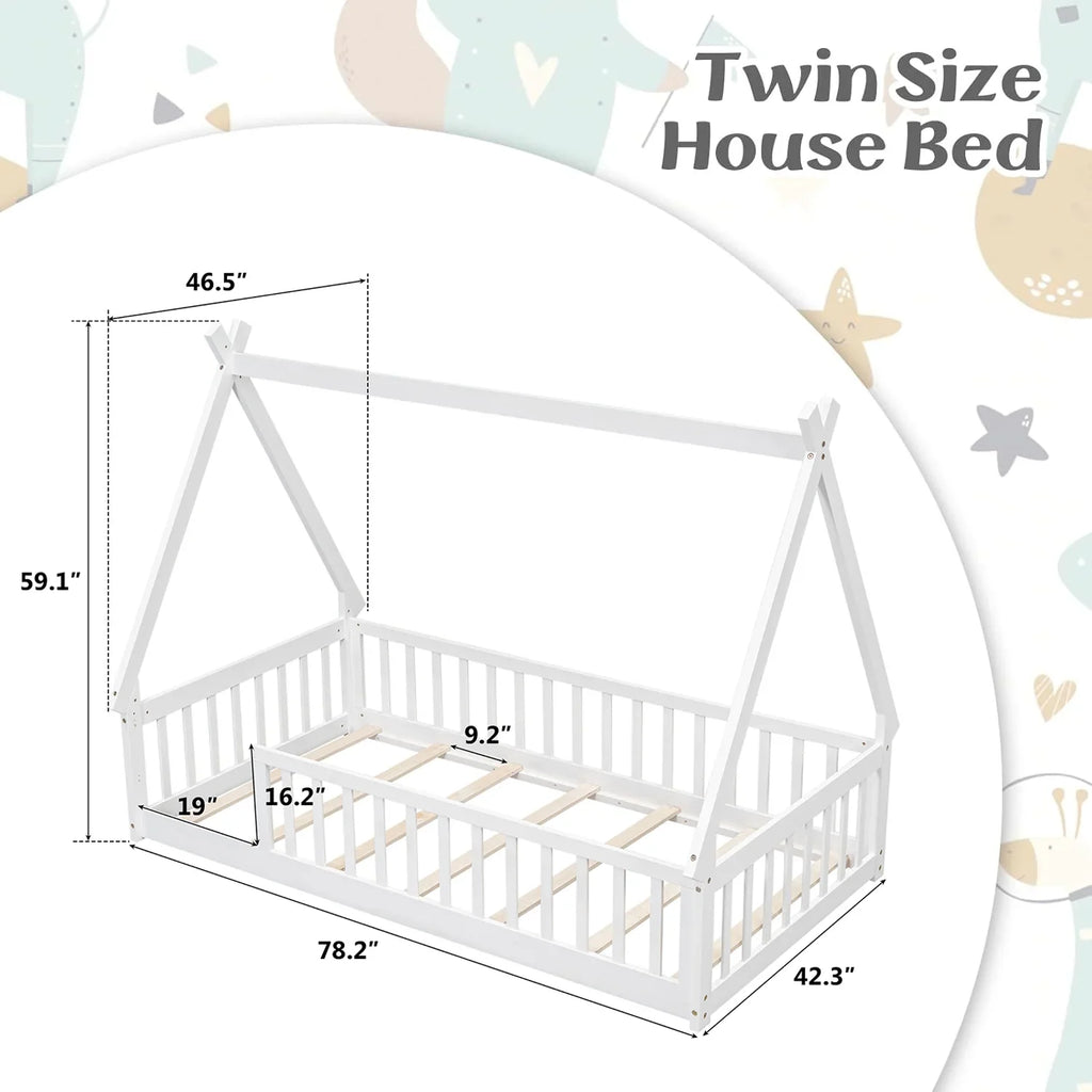 2026 New Full Size House Floor Bed, Wood Montessori Bed Frame with Fence Guardrails, House Beds Frame No Box Spring Needed-Full, Gray)