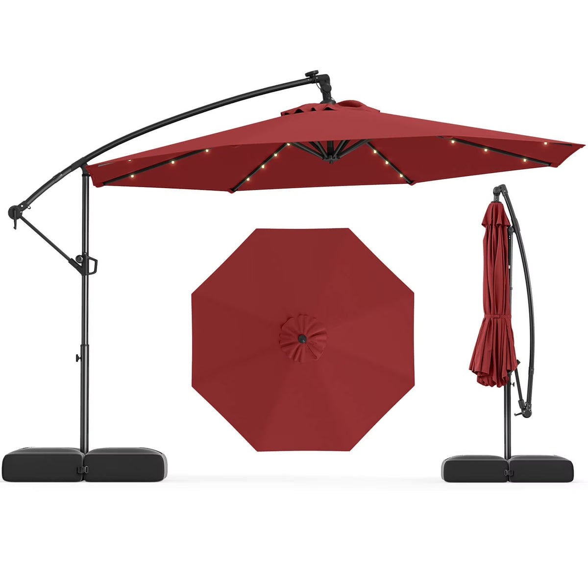2026 NewCostway 10 FT Solar Offset Hanging Umbrella Patio Cantilever Umbrella with 32 LED Lights Brown
