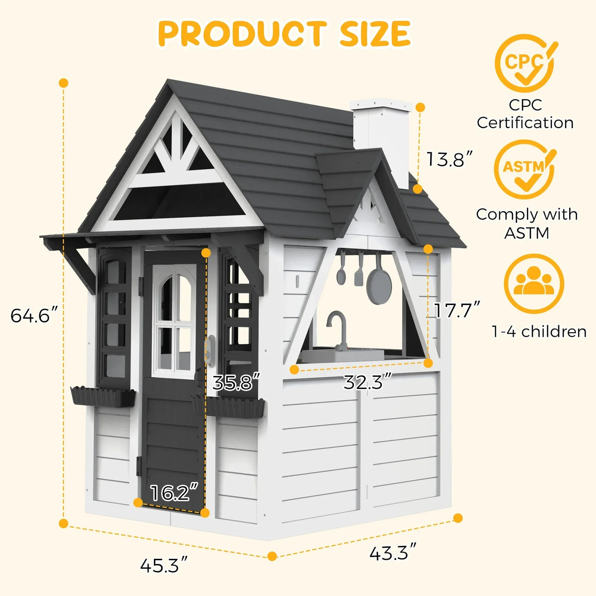 2026 NewCOCLUB Outdoor Playhouse for Kids Ages 4-8, Wooden Play House with Doorbell, Phone, Kitchen Toys, Outdoor Kids Play Equipment, Casa Para Niñas (45”L x 65”H), White & Black