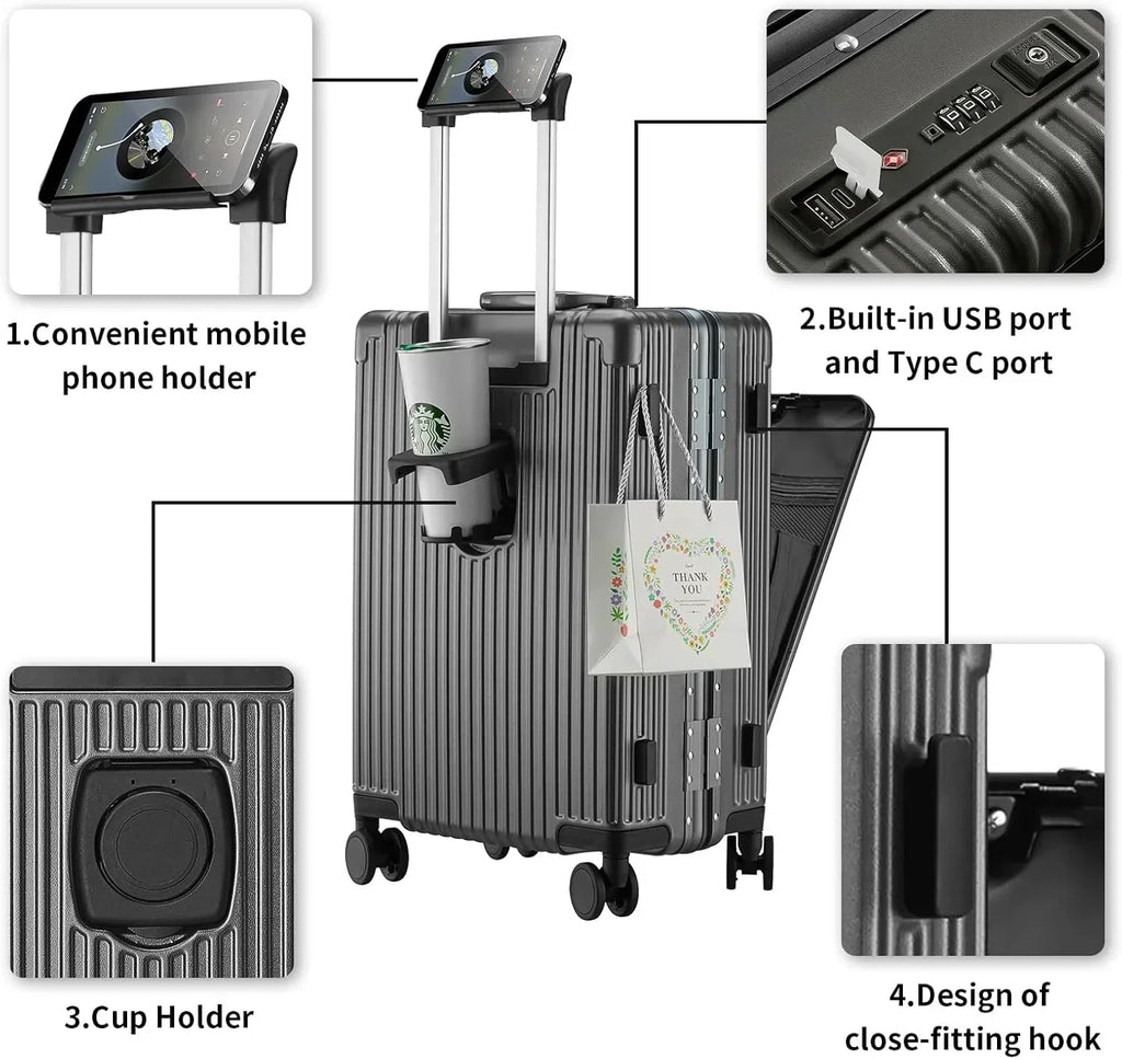 2026 NewCarry-On Luggage with USB Charging Port, Front Compartment, TSA Lock, Airline Approved Carry On Hardside Suitcase with Spinner Wheels (Grey, 20inch)