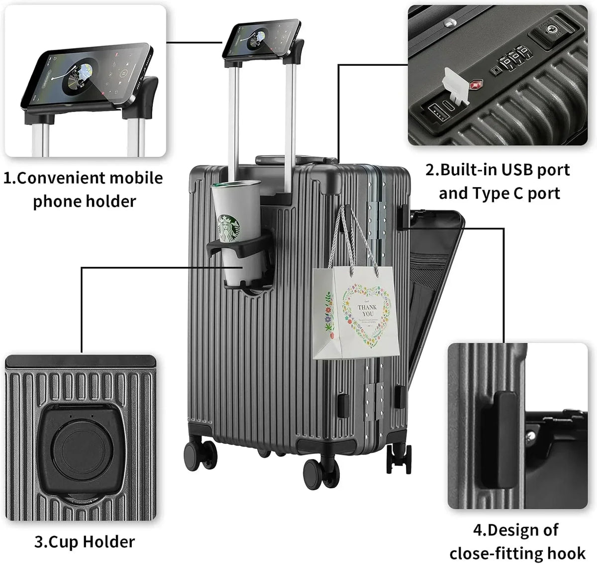 2026 NewCarry-On Luggage with USB Charging Port, Front Compartment, TSA Lock, Airline Approved Carry On Hardside Suitcase with Spinner Wheels (Grey, 20inch)