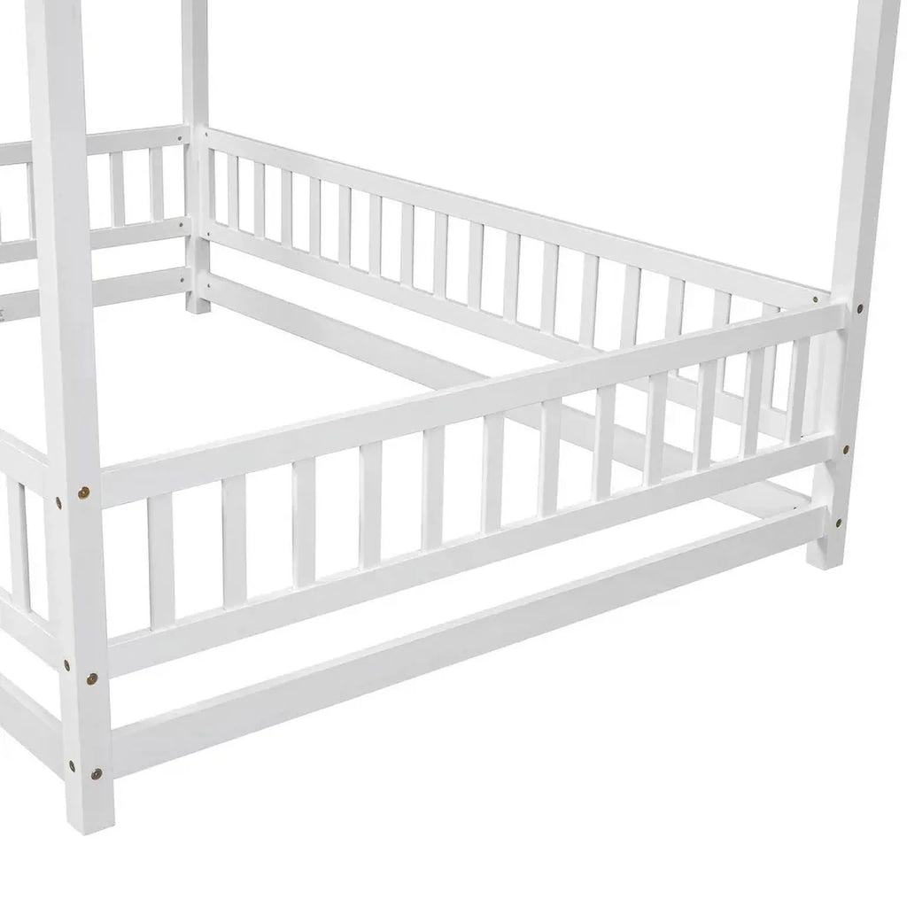 2026 New Full Size House Floor Bed, Wood Montessori Bed Frame with Fence Guardrails, House Beds Frame No Box Spring Needed-Full, Gray)