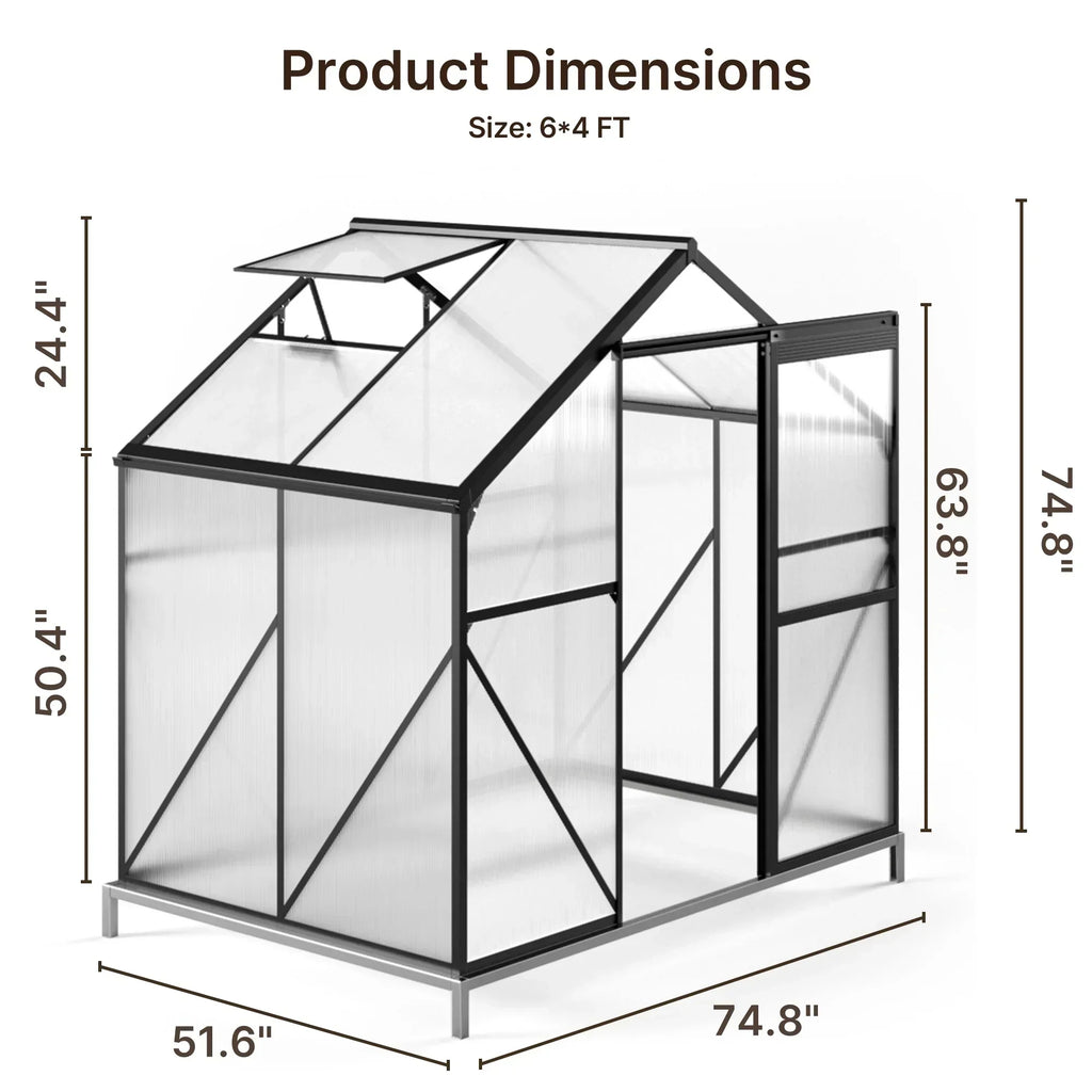 2026 NewAsofer 6' x 4' Greenhouse for Outdoors, Aluminum Walk-in Green Houses shed with Rain Gutter and Roof Vent for Backyard