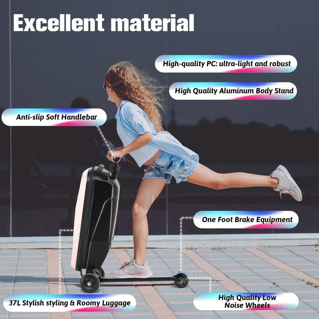 2026 NewAdvwin Scooter Luggage for Kids & Adults, Hardside Ride on Suitcase for Kids Ages 4-15 Multifunctional Lightweight Foldable Carry on Luggage with Wheels Ride on for Children Teenagers, Pink