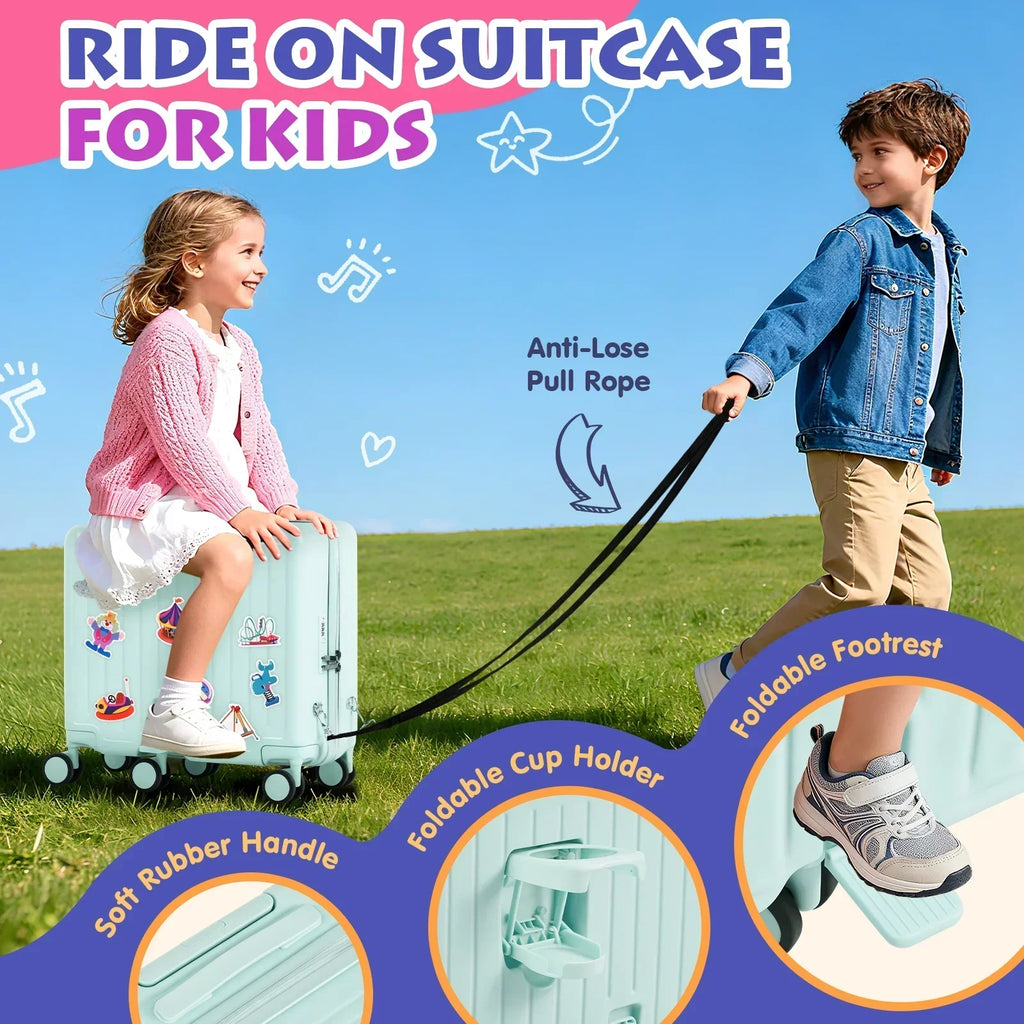 2026 NewAdvwin Ride-On Kids Luggage with Pull Strap, Footrests, Cup Holder, 6 Wheels & Adjustable Handle, 18-Inch Spinner Suitcase with Stickers & Boarding Pass, Pink