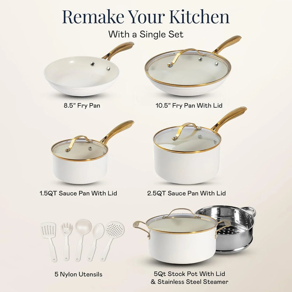 2026 NewGotham Steel 15 Pc Ceramic Cookware Set, Ceramic Pots and Pans Set Non Stick with Cooking Utensils and Steamer, Non Toxic, Premium Gold Stay Cool Handles, Oven & Dishwasher Safe