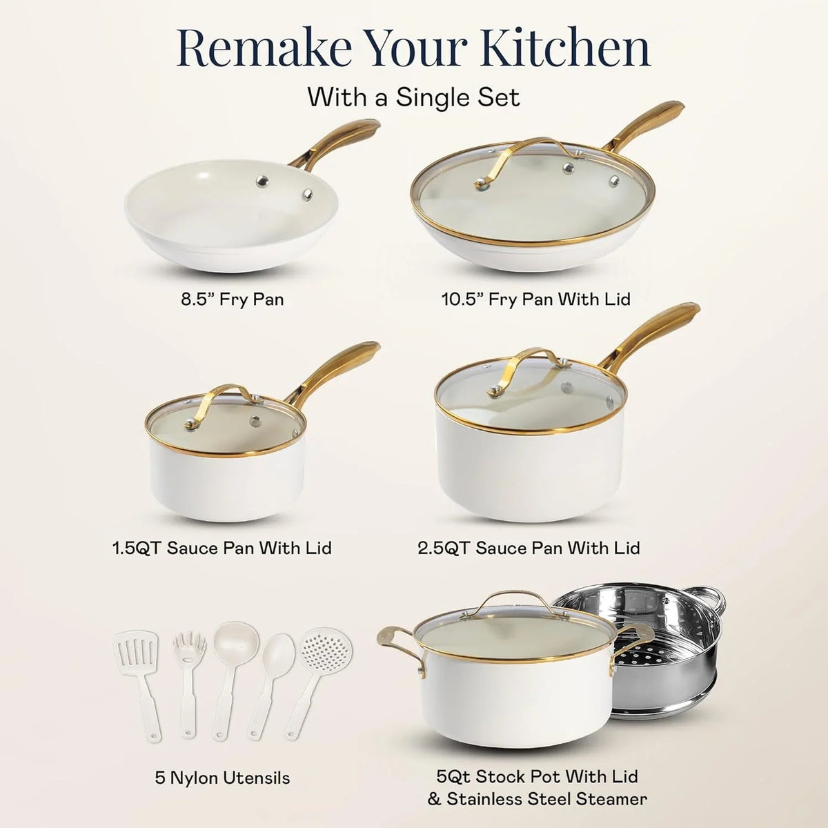 2026 NewGotham Steel 15 Pc Ceramic Cookware Set, Ceramic Pots and Pans Set Non Stick with Cooking Utensils and Steamer, Non Toxic, Premium Gold Stay Cool Handles, Oven & Dishwasher Safe
