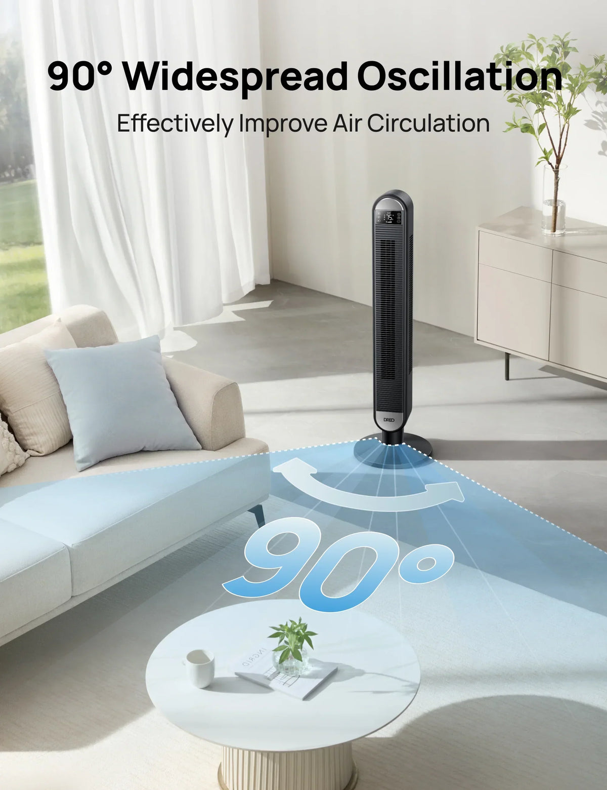 2026 NewDreo Tower Fan for Home, 42" Standing Fan with Remote, 90" Oscillating Fan for Indoors, 34dB Quiet Bedroom Fans, 6 Speeds, 4 Modes, 12H Timer, Bladeless Fan with LED Display, 26 ft/s High Velocity
