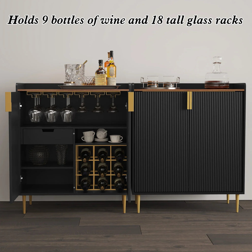 2026 NewCBJCBJ 32" Wine Bar Cabinet with 2 Door Fluted Texture, Modern Coffee Cabinet with Rack&Glass Holder, Black