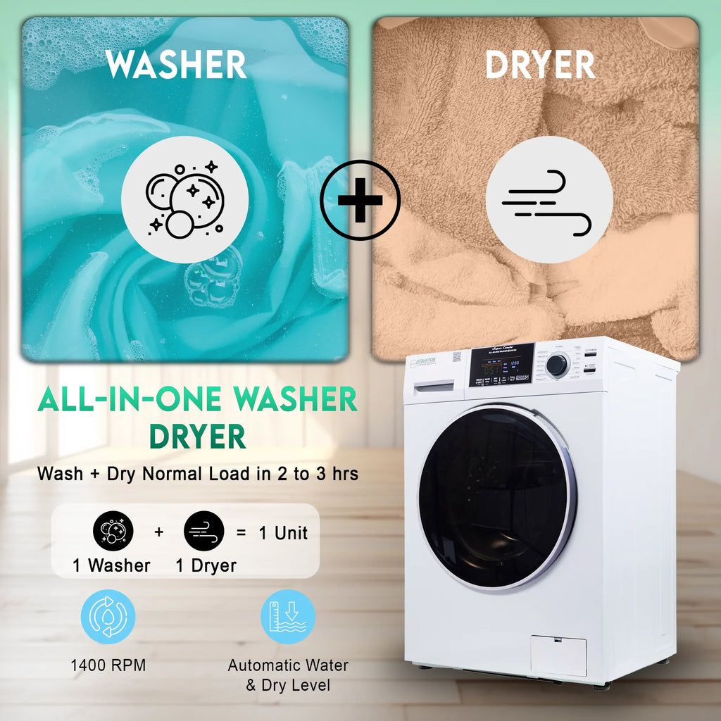 2026 NewEquator Combination Washer Dryer Ventless/Vented Pet cycle 1.62cf/15lbs 110V with Adjustable legs